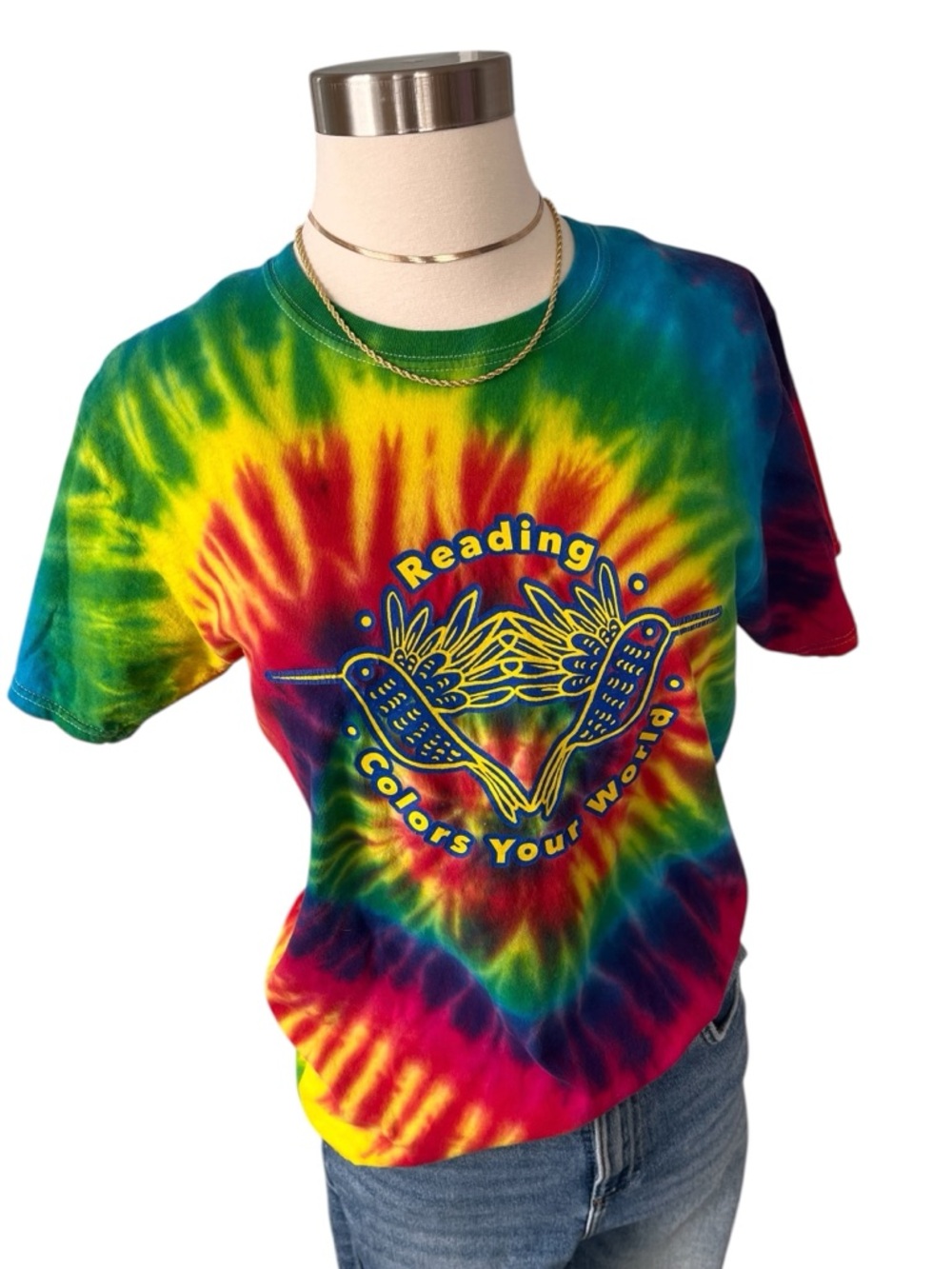 Vintage 90s multicolor tie dye Reading Colors Your World bird tee S